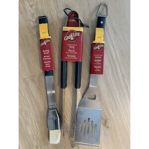 New 16” Grill Life 3 Piece Grill BBQ Set Spatula Tongs Basting Brush